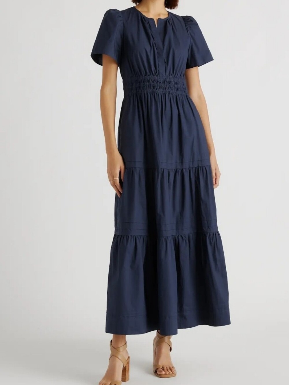 Quince 100% Organic Cotton Poplin Tiered Maxi Dress Navy XS